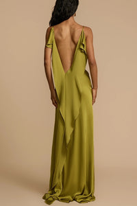 Spaghetti Straps V-Backless Satin Maxi Bridesmaid Dress