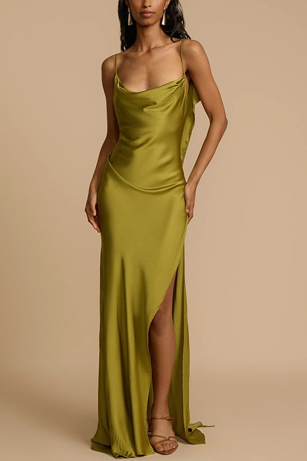 Spaghetti Straps V-Backless Satin Maxi Bridesmaid Dress