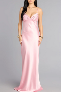 Spaghetti Straps V-Neck Open Back Satin Maxi Party Prom Dress