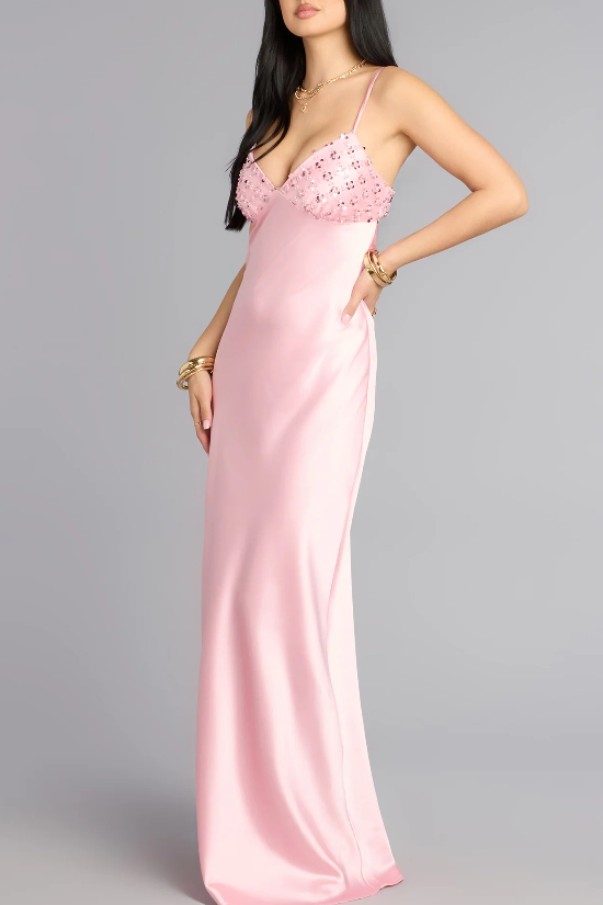 Spaghetti Straps V-Neck Open Back Satin Maxi Party Prom Dress