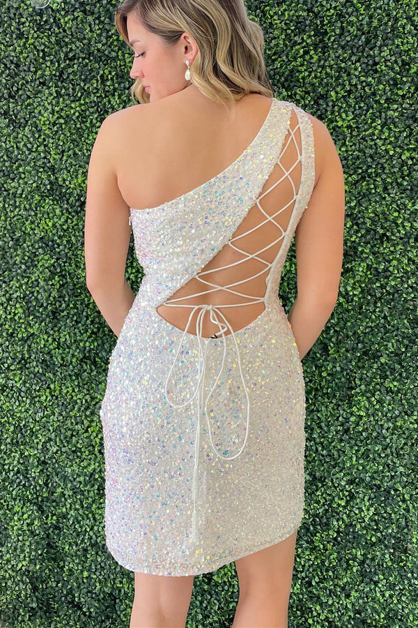 Glitter One Shoulder Royal Blue Sequin Homecoming Dress