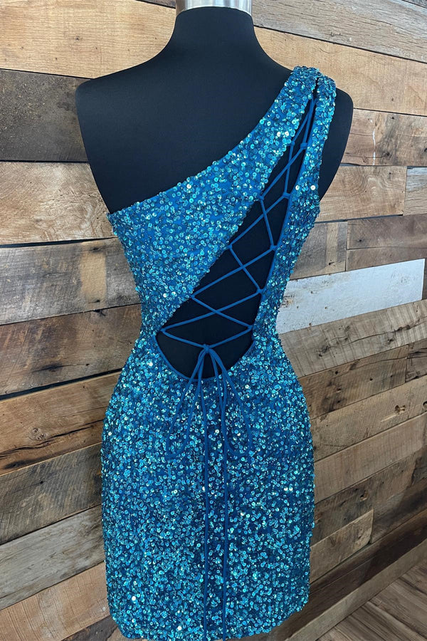 Glitter One Shoulder Royal Blue Sequin Homecoming Dress