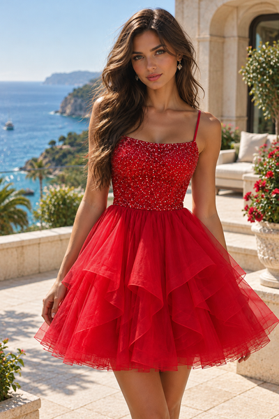 Sparkly A-Line Empire Sequin And Tulle Tiered Party Homecoming Dress 