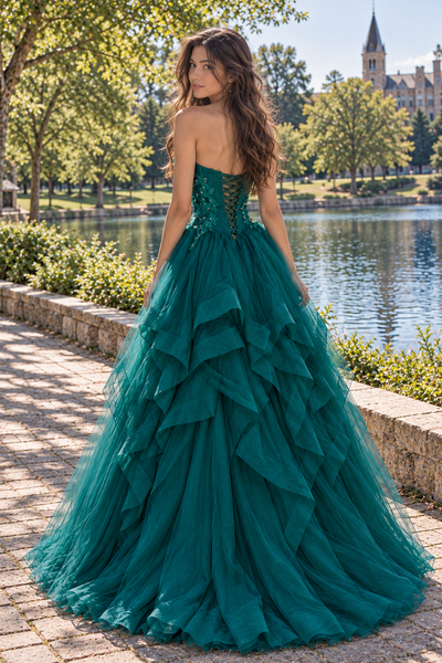 Sparkly A-Line Strapless Lace Appliques Tiered Party Prom Dress