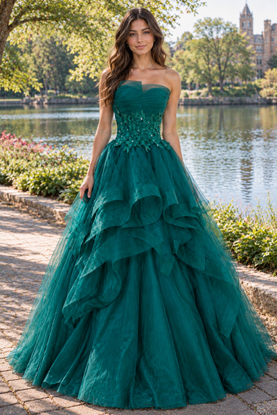 Sparkly A-Line Strapless Lace Appliques Tiered Party Prom Dress