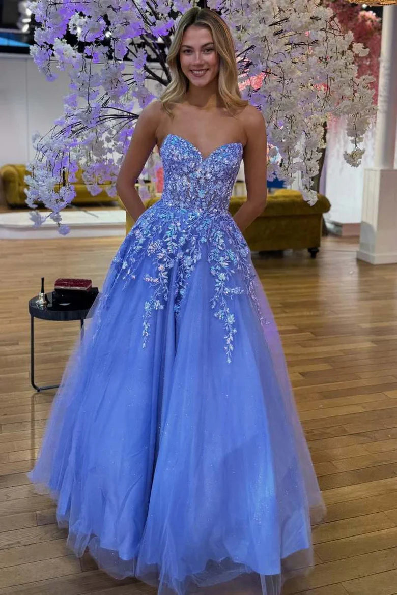 Sparkly A-Line Sweetheart Strapless Appliques Party Prom Dress