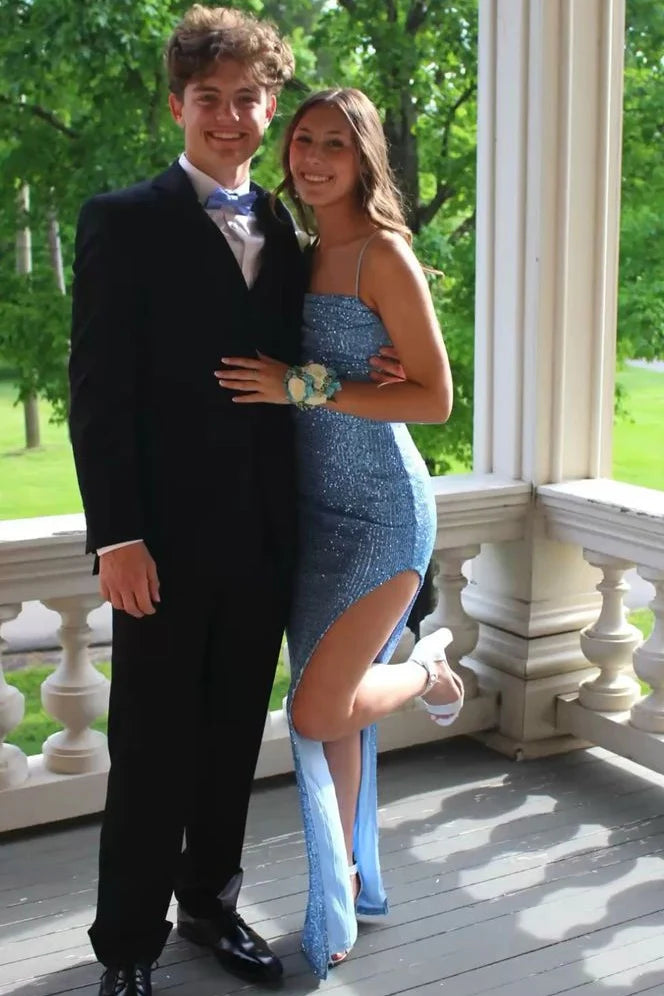 Sparkly Fully Sequin Spaghetti Straps Split Party Prom Dress