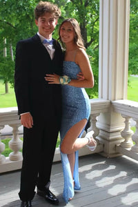 Sparkly Fully Sequin Spaghetti Straps Split Party Prom Dress