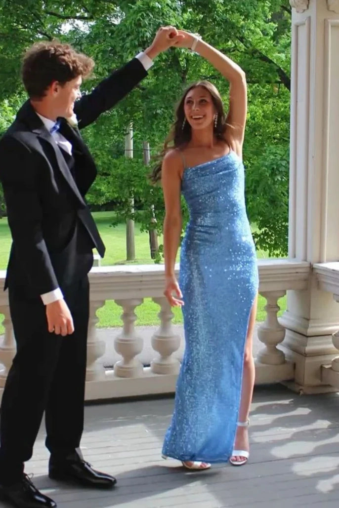 Sparkly Fully Sequin Spaghetti Straps Split Party Prom Dress
