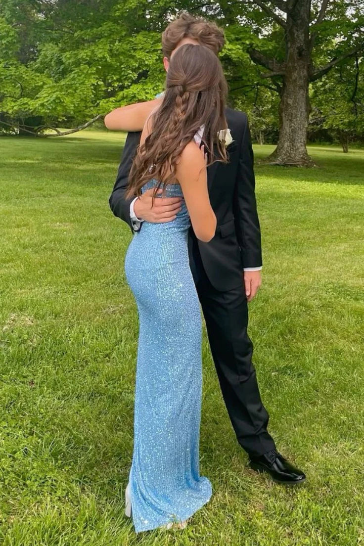 Sparkly Fully Sequin Spaghetti Straps Split Party Prom Dress