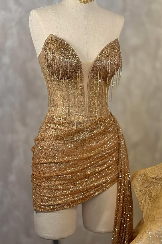 Sparkly Gold Sequin Strapless Empire Ruched Mini Homecoming Dress