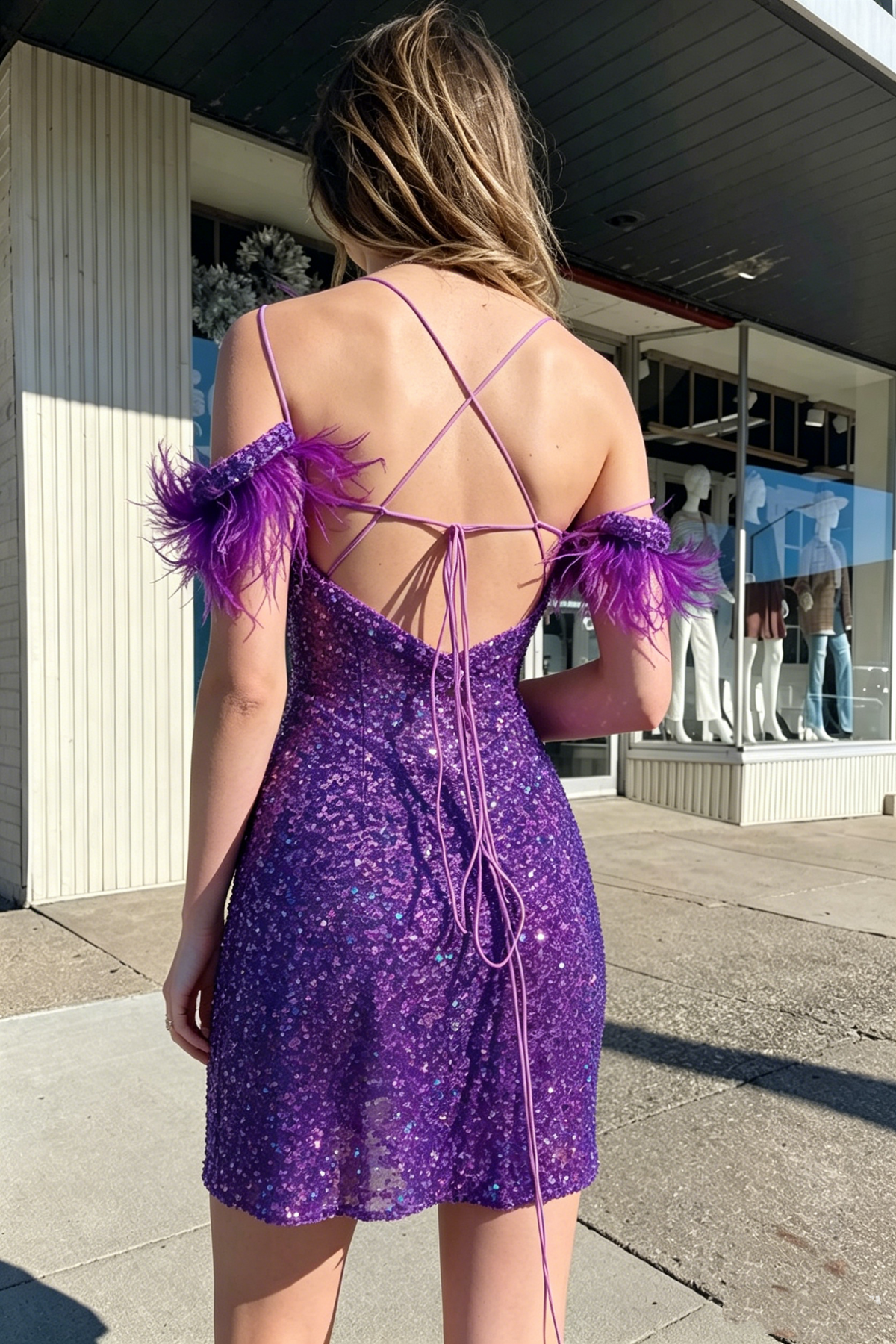 Sparkly Off-Shoulder Lace-Up Sequin Fitted Homecoming Dress