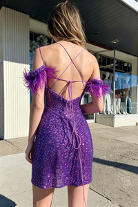 Sparkly Off-Shoulder Lace-Up Sequin Fitted Homecoming Dress