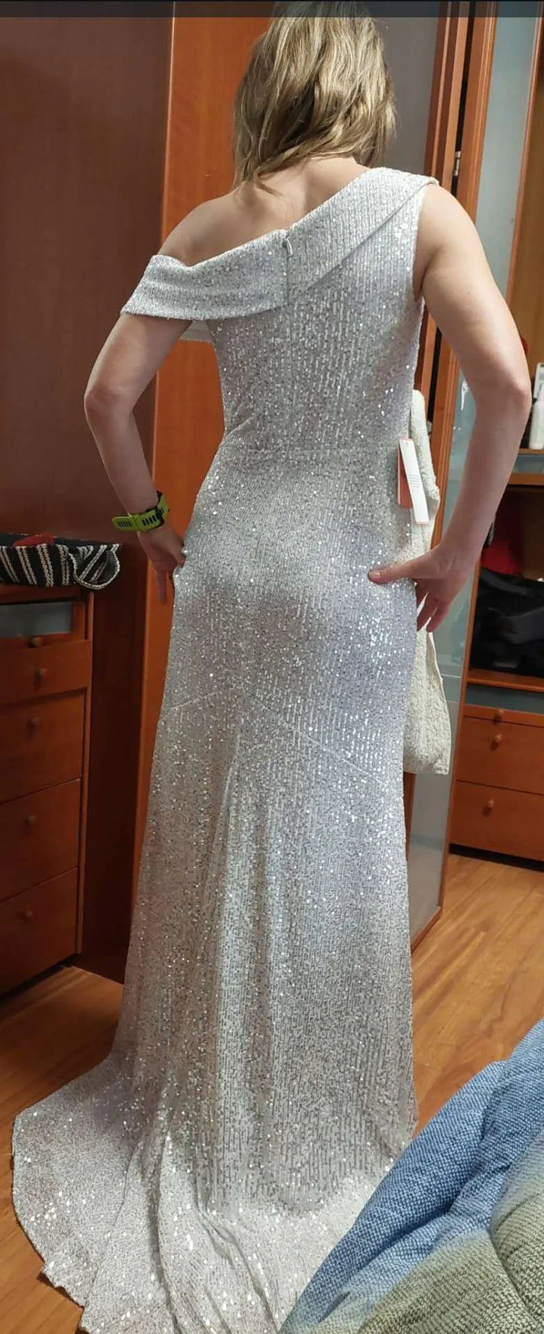 Sparkly One Shoulder Sleeveless Mermaid Party Prom Dress With Slit