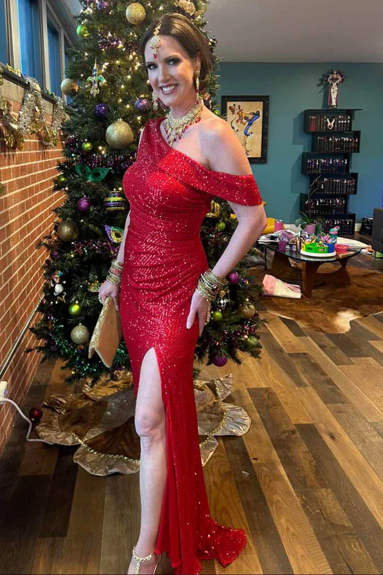 Sparkly One Shoulder Sleeveless Mermaid Party Prom Dress With Slit