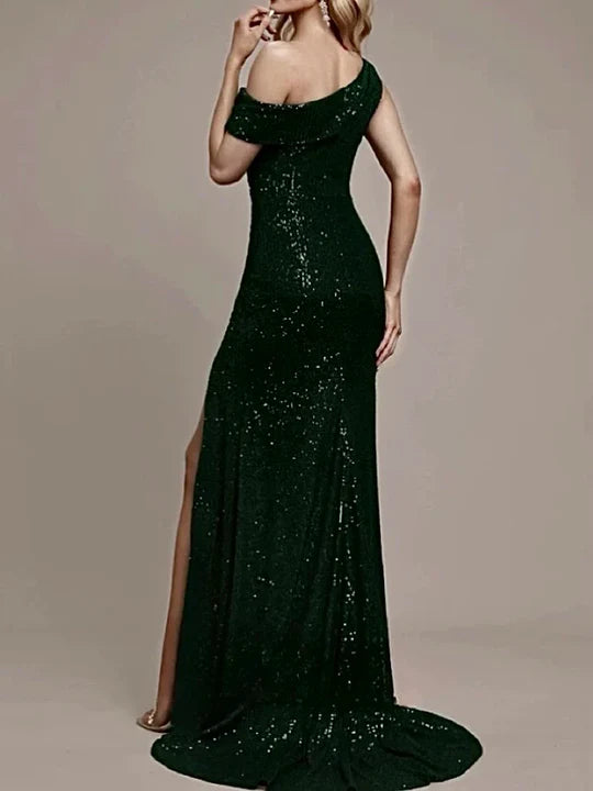 Sparkly One Shoulder Sleeveless Mermaid Party Prom Dress With Slit