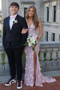 Sparkly Pink Mermaid Sleeveless Floral Appliques Party Prom Dress