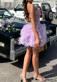 Sparkly Sequin Top A-Line Feather Mini Homecoming Dress