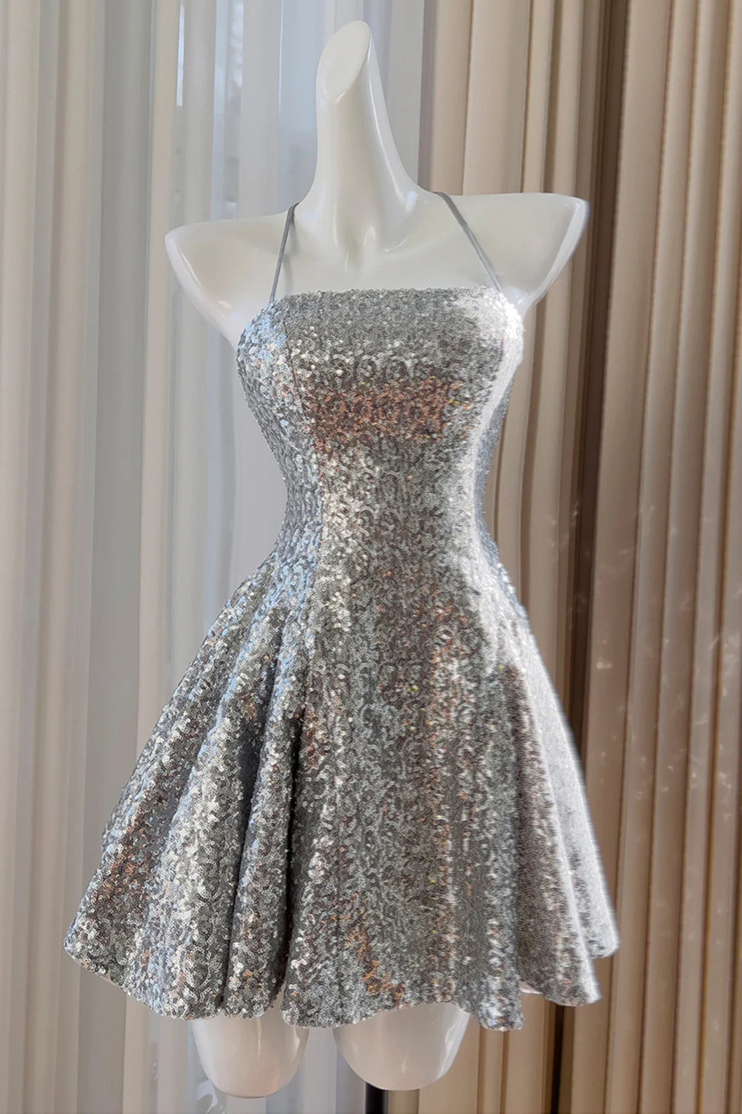 Sparkly Spaghetti Straps Lace-Up Fully Sequin Homecoming Dress