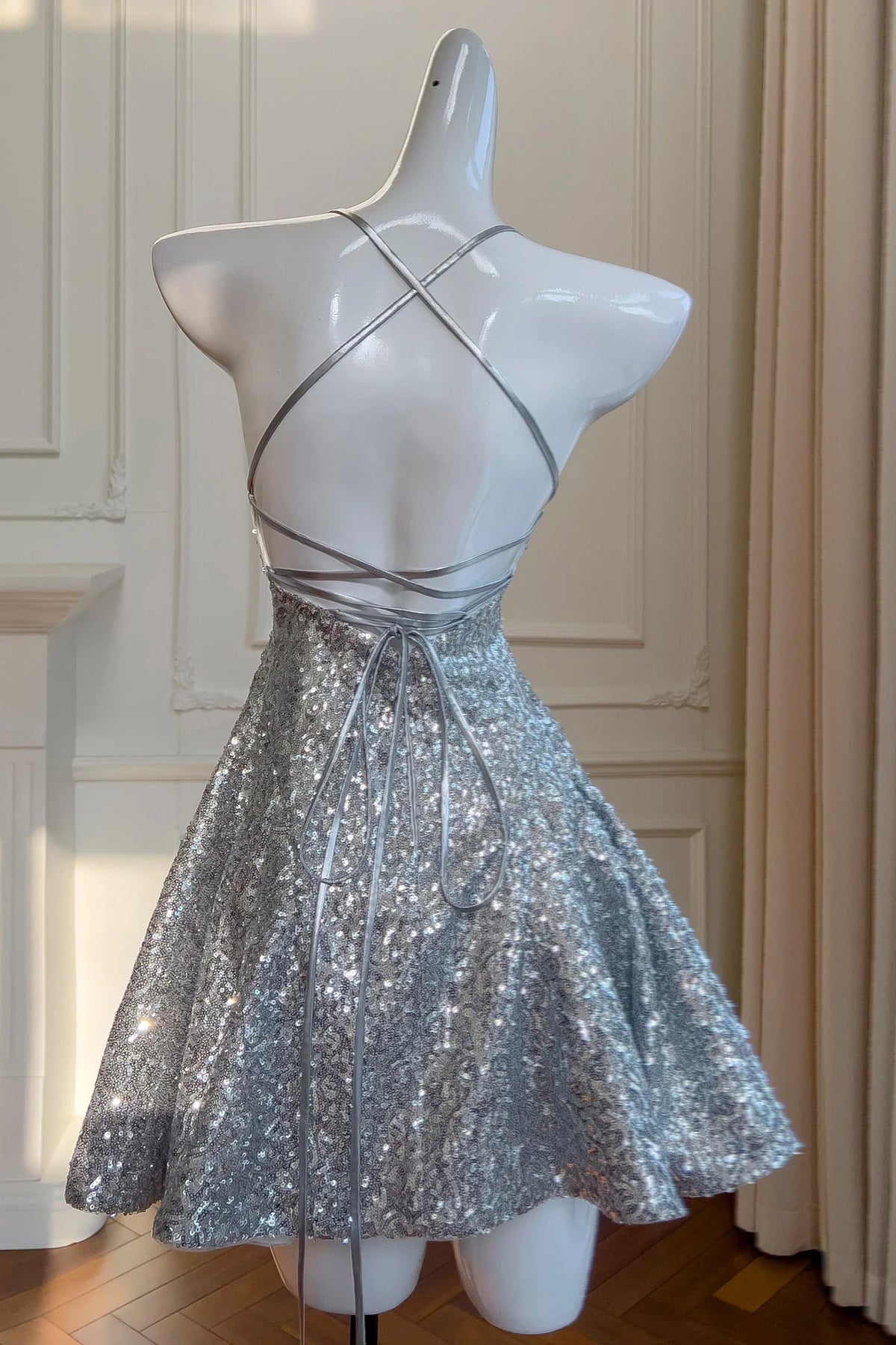 Sparkly Spaghetti Straps Lace-Up Fully Sequin Homecoming Dress