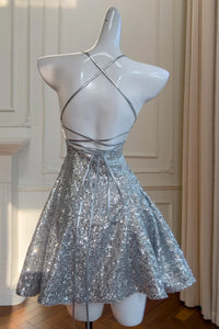 Sparkly Spaghetti Straps Lace-Up Fully Sequin Homecoming Dress
