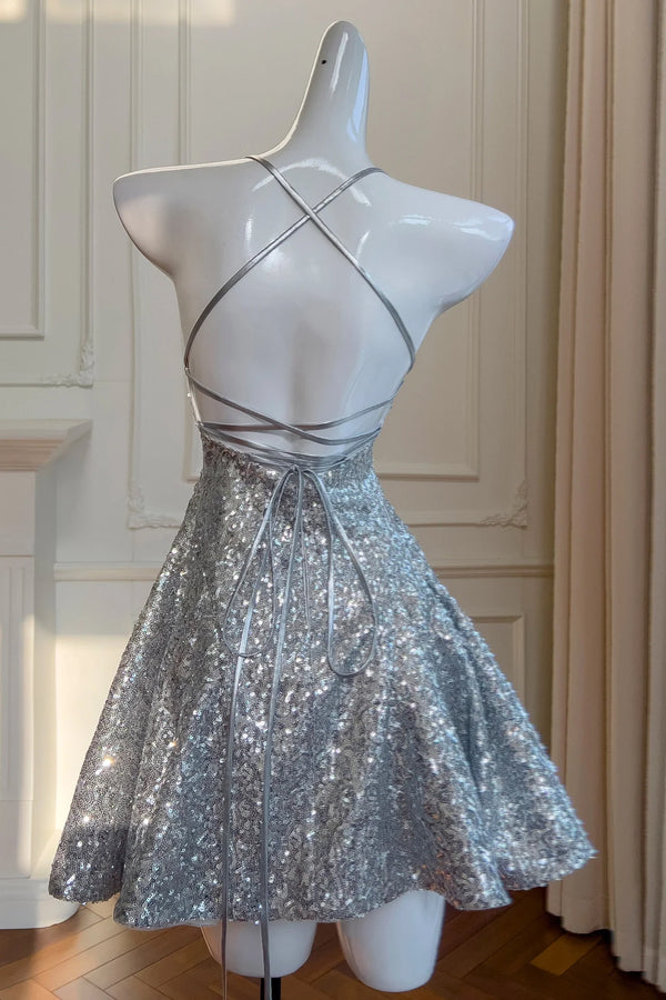 Sparkly Spaghetti Straps Lace-Up Fully Sequin Homecoming Dress
