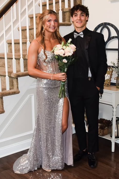 Sparkly Spaghetti Straps Mermaid Lace Appliques Sequin Prom Dress 