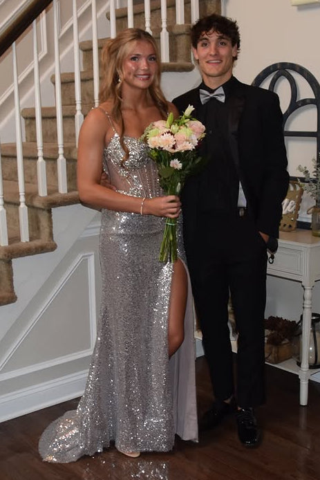 Sparkly Spaghetti Straps Mermaid Lace Appliques Sequin Prom Dress 