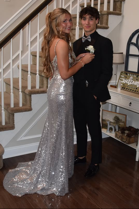 Sparkly Spaghetti Straps Mermaid Lace Appliques Sequin Prom Dress 