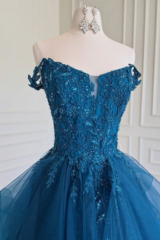 Sparkly Tiered Tulle A-Line Lace Top Off-Shoulder Party Prom Dress