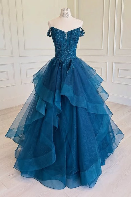Sparkly Tiered Tulle A-Line Lace Top Off-Shoulder Party Prom Dress