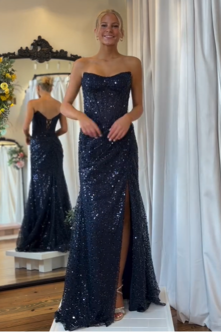 Sparkly Trumpet Strapless Empire Party Prom Dress With High Split