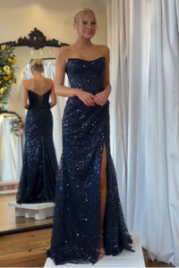Sparkly Trumpet Strapless Empire Party Prom Dress With High Split
