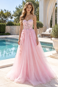 Sparkly Tulle A-Line Lace Appliques Sweetheart Strapless Party Prom Dress