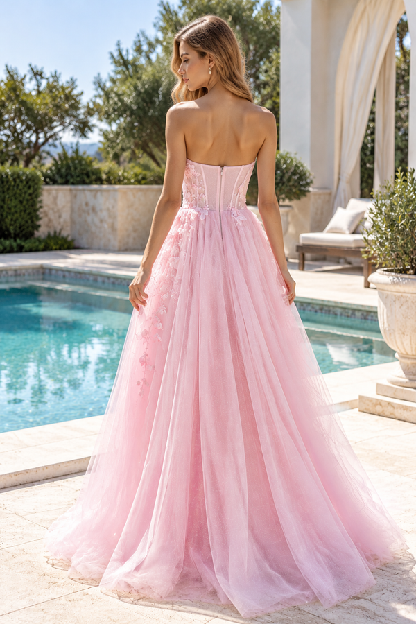 Sparkly Tulle A-Line Lace Appliques Sweetheart Strapless Party Prom Dress