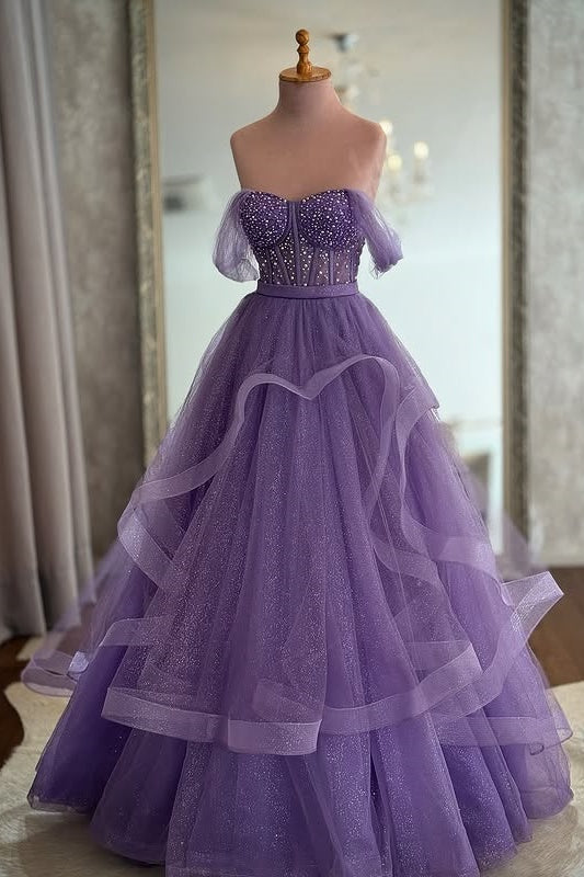 Sparkly Tulle A-Line Sweetheart Off-Shoulder Formal Prom Gown