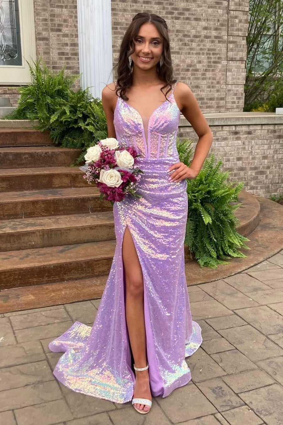 Sparkly V-Neck Sleeveless Fully Sequin Mermaid Party Prom Dress 