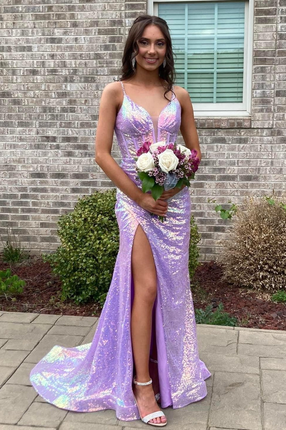 Sparkly V-Neck Sleeveless Fully Sequin Mermaid Party Prom Dress 