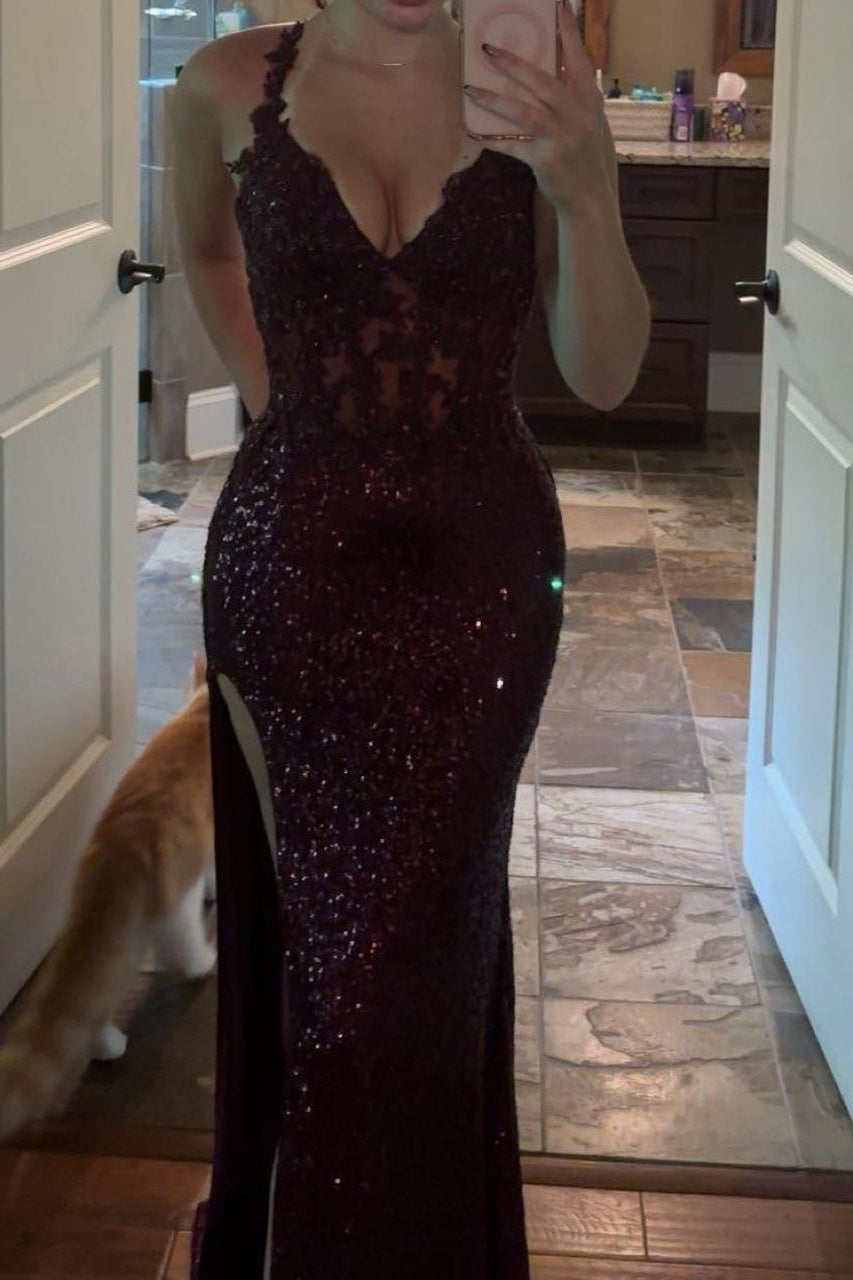 Sparkly V-Neck Sleeveless Lace And Sequin Party Prom Dress