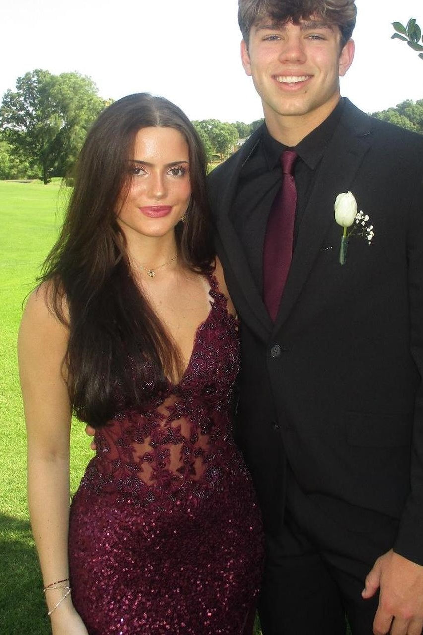 Sparkly V-Neck Sleeveless Lace And Sequin Party Prom Dress