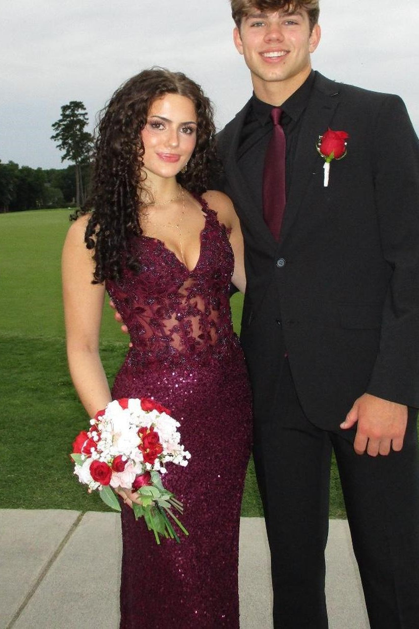 Sparkly V-Neck Sleeveless Lace And Sequin Party Prom Dress