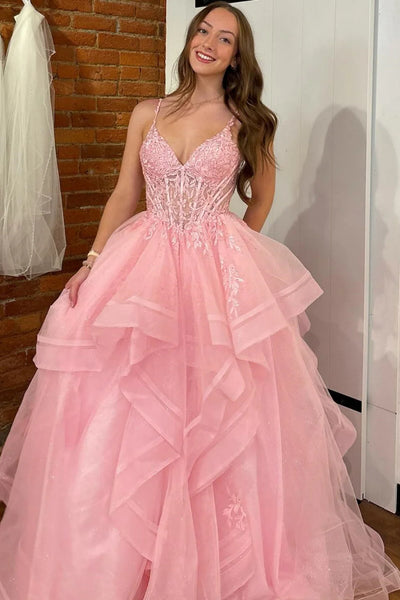 Sparkly V-Neck Sleeveless Lace Appliques Tiered Tulle A-Line Party Prom Dress 