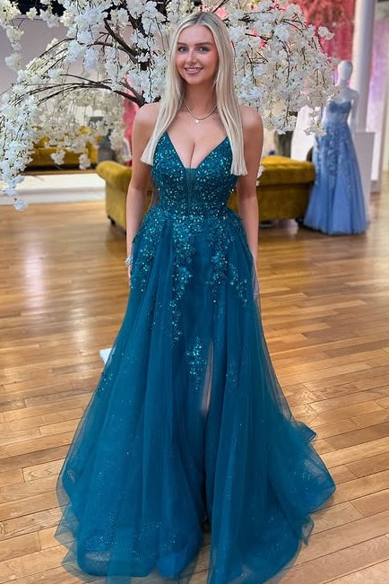 Sparkly V-Neck Spaghetti Straps Tulle A-Line Appliques Party Prom Dress