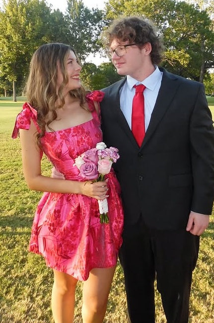 Square Bow Straps Floral Satin A-Line Short Homecoming Dress 