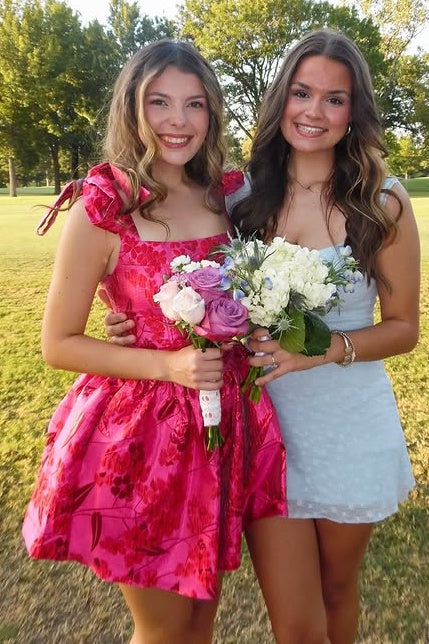 Square Bow Straps Floral Satin A-Line Short Homecoming Dress 
