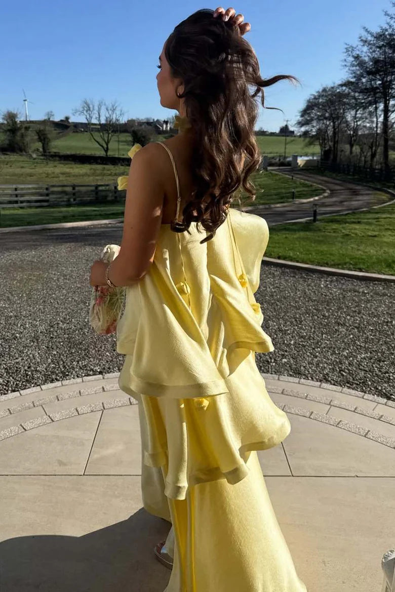 Square Floral Straps Tiered Satin A-Line Maxi  Party Prom Dress 