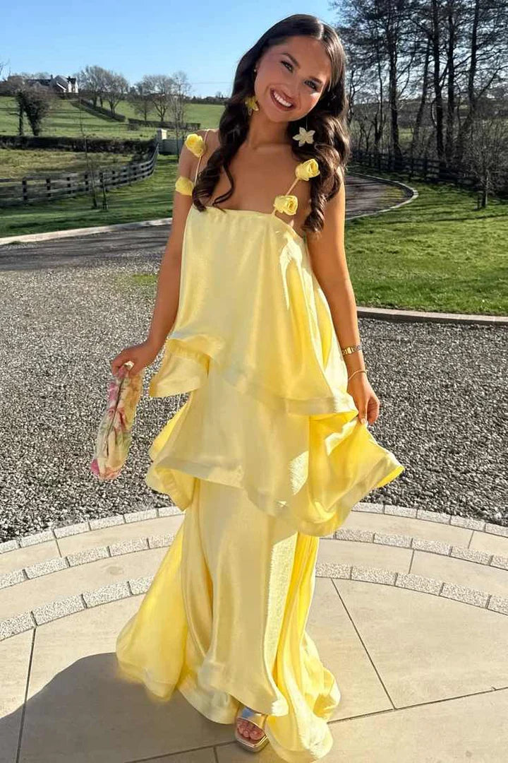 Square Floral Straps Tiered Satin A-Line Maxi  Party Prom Dress 