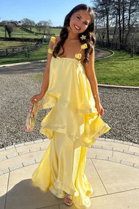 Square Floral Straps Tiered Satin A-Line Maxi  Party Prom Dress 