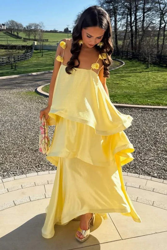 Square Floral Straps Tiered Satin A-Line Maxi  Party Prom Dress 