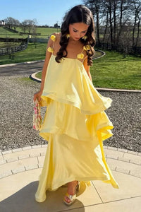 Square Floral Straps Tiered Satin A-Line Maxi  Party Prom Dress 